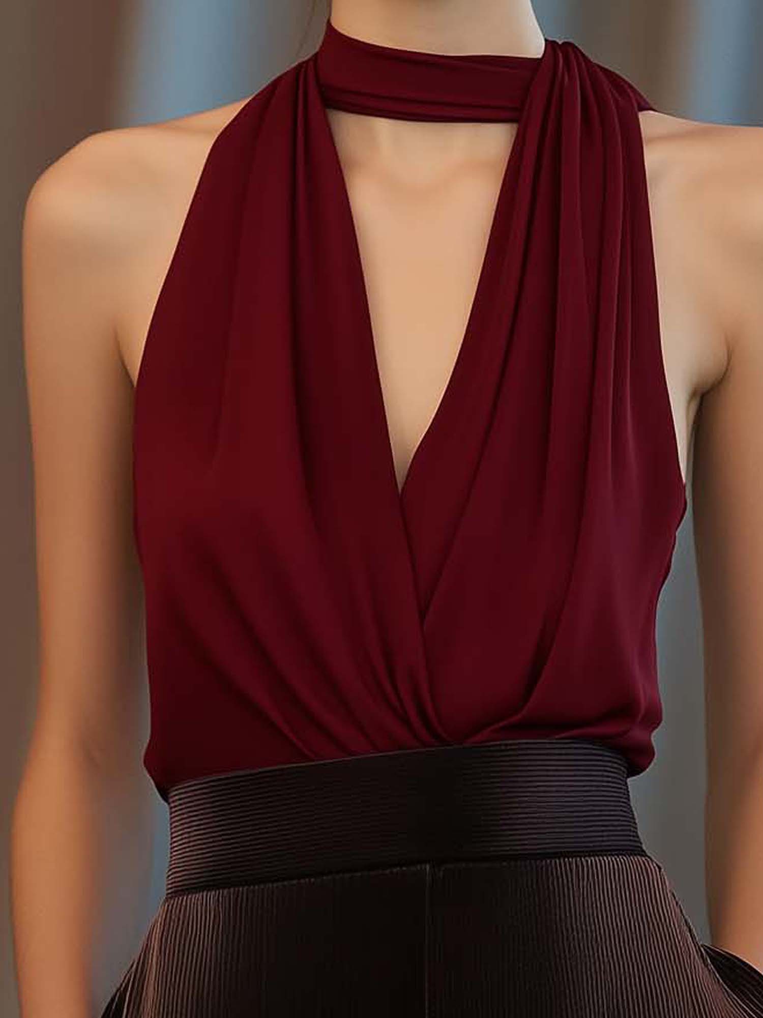 V-Neck Chiffon Red Shirt With Tie