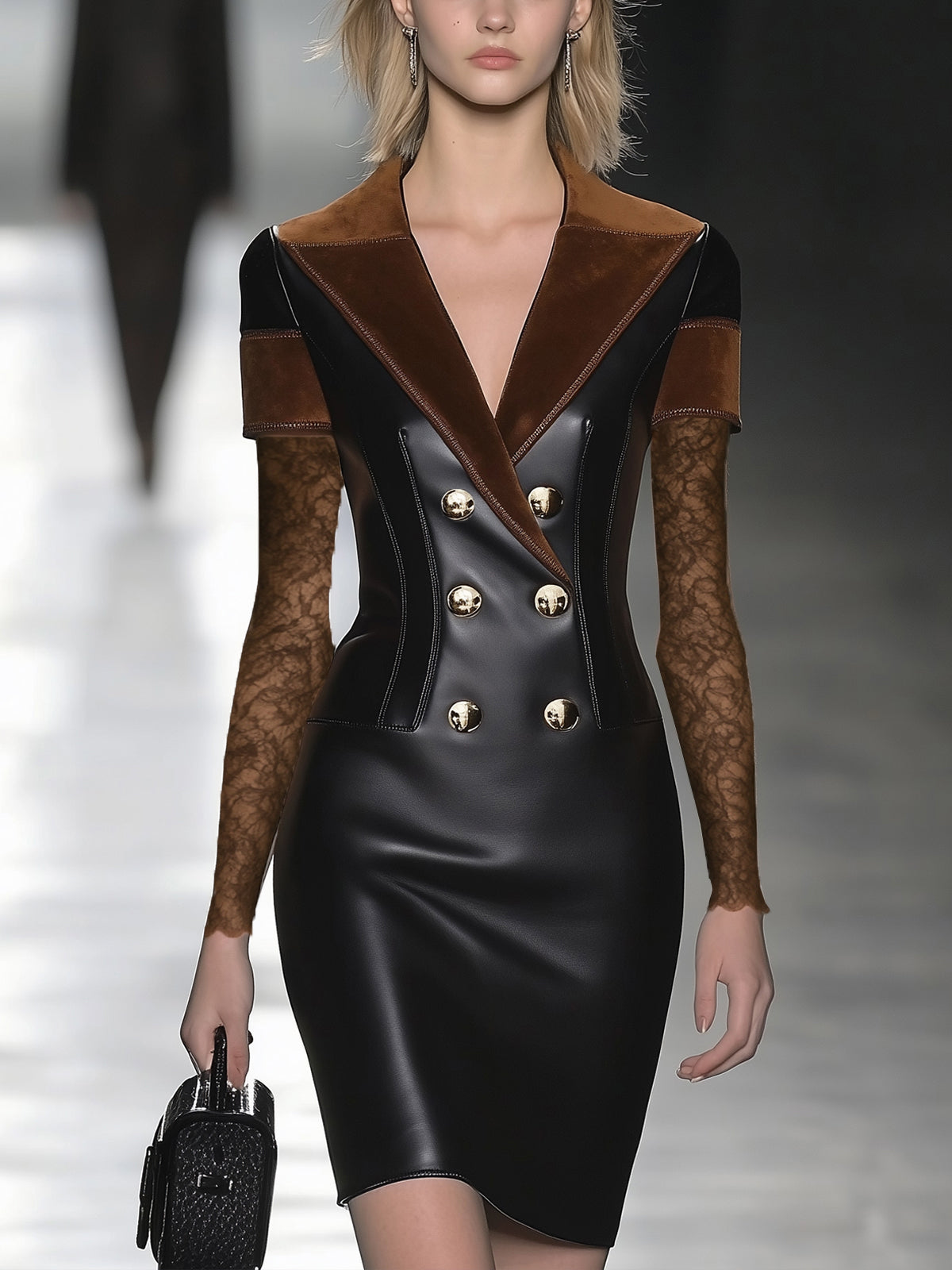 Artificial Leather Dress With Suede Collar And Lace Sleeves