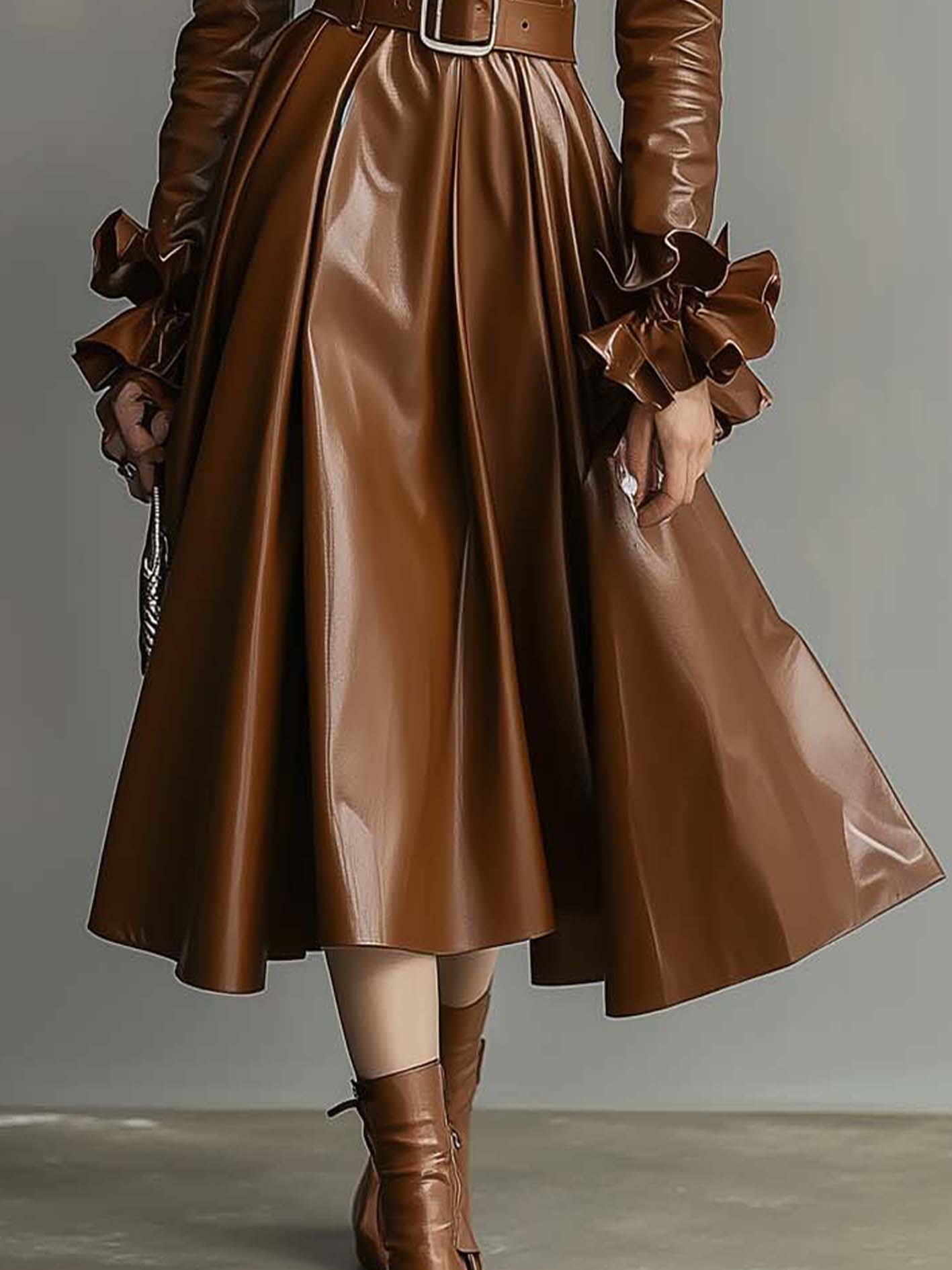 Brown Faux Leather Midi Dress With Lapel And Ruffled Cuffs