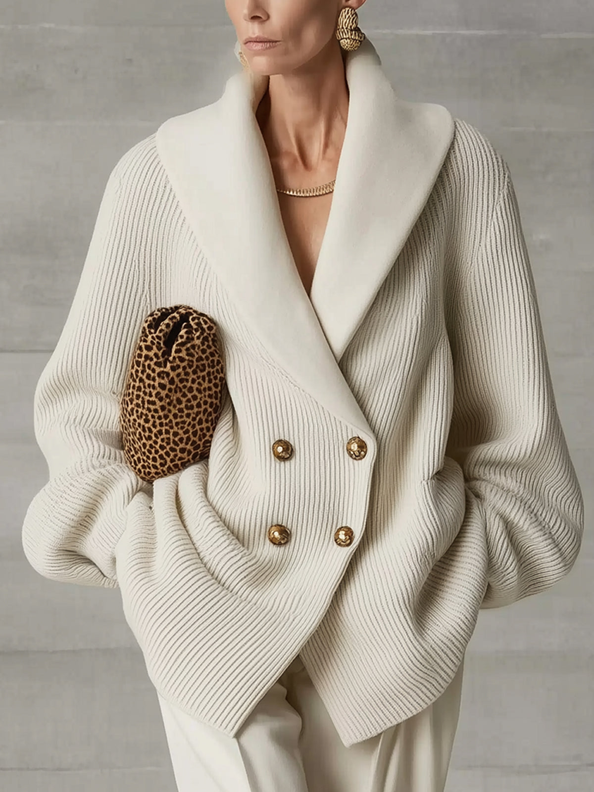 Ivory Commuter Style Wool Lapel Knit Coat