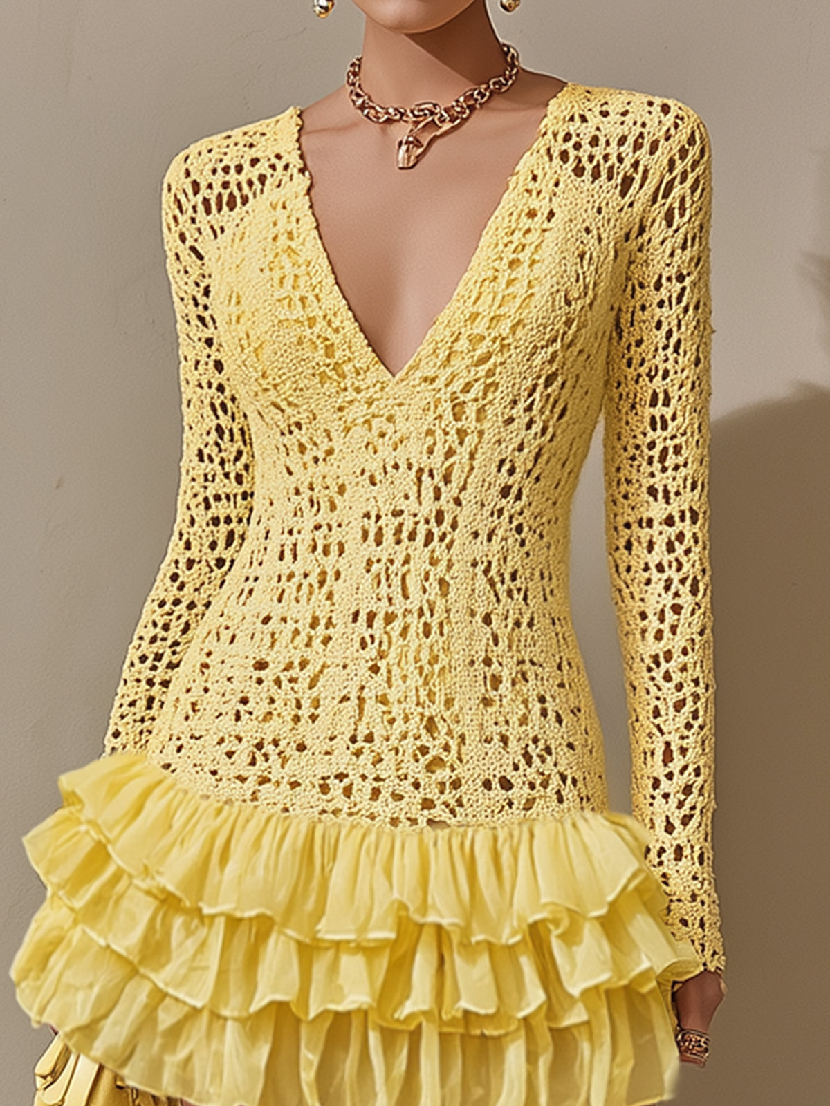 Sunshine Yellow Crochet V-Neck Ruffle Hem Mini Dress
