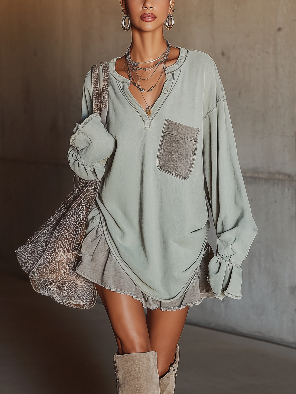Blue-green Blend Denim V-neck Long-sleeved Loose Mini Dress