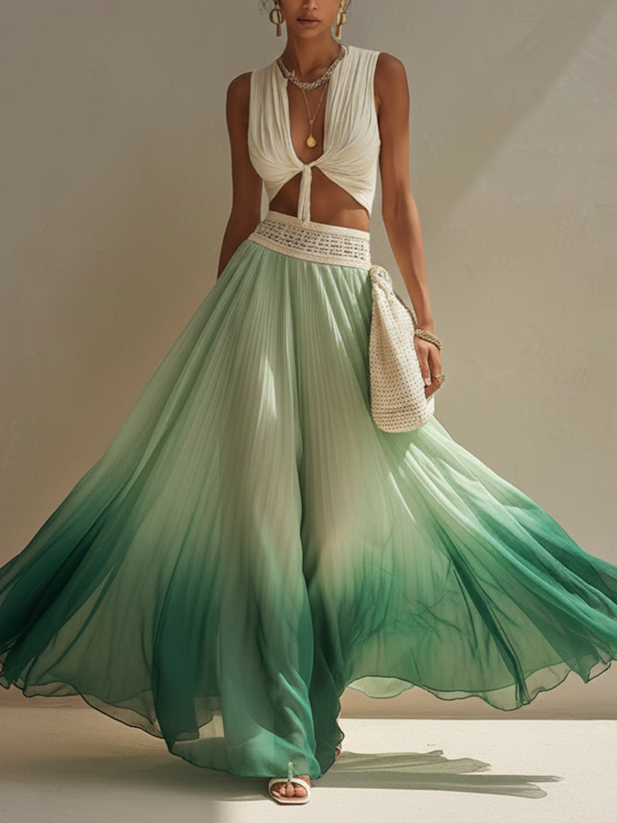 Green Gradient Chiffon Pleated Skirt Set