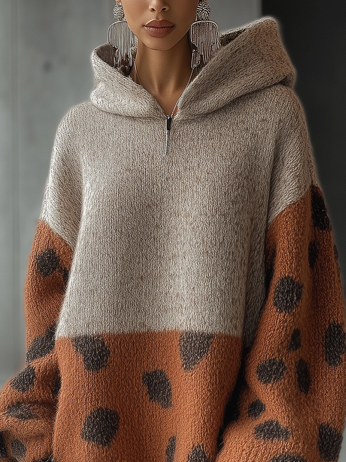 Beige And Brown Knitted Mini Dress With Leopard Print And Zippered Hood