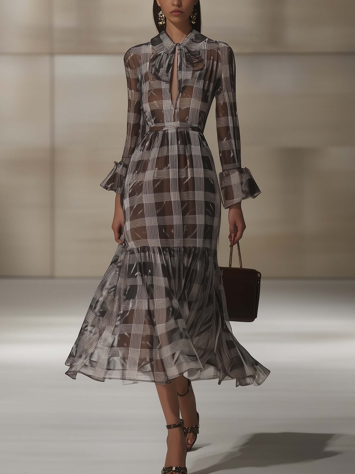 Gray Tencel Midi Dress With Plaid And Bow Tie