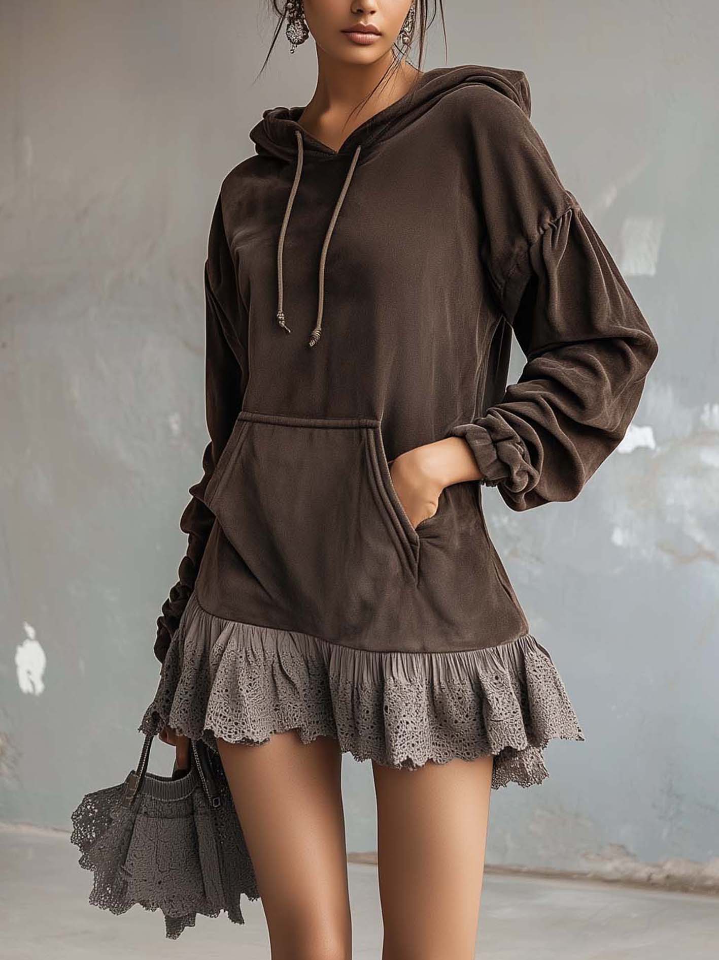 Dark Brown Faux Suede Hooded Mini Skirt With Lace Paneling