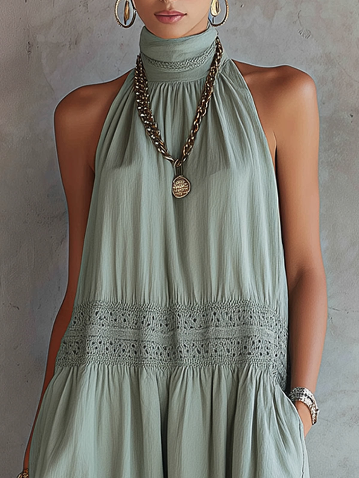 Green High-Neck Sleeveless Tiered Maxi Dress