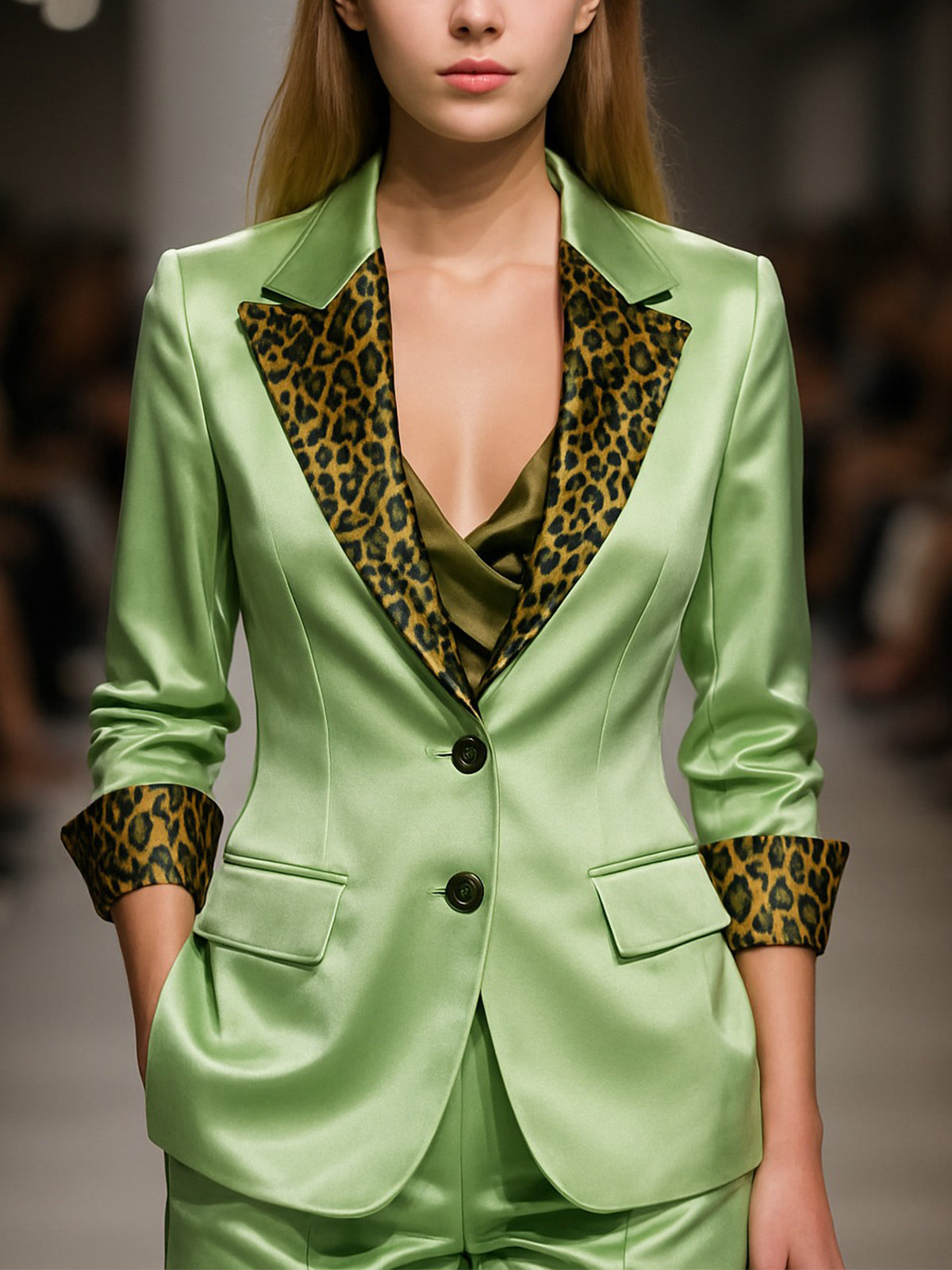 Chic Light Green Satin Blazer With Leopard Print Lapels And Cuffs