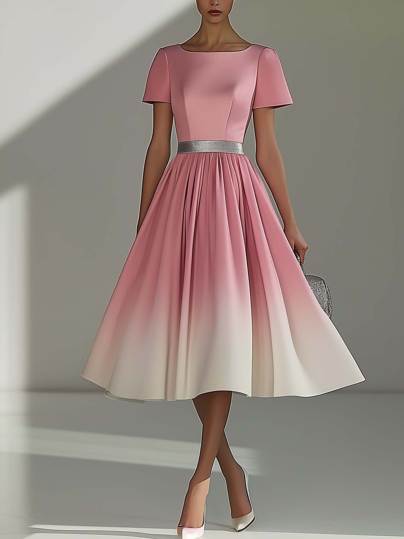 Pink Gradient Print Midi Dress With Silver Belt