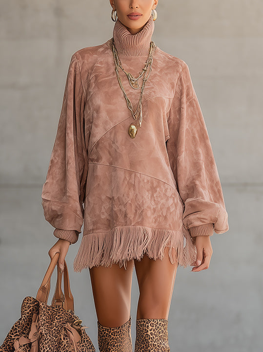 Pink Faux Suede Turtleneck Mini Dress With Balloon Sleeves And Fringe Hem