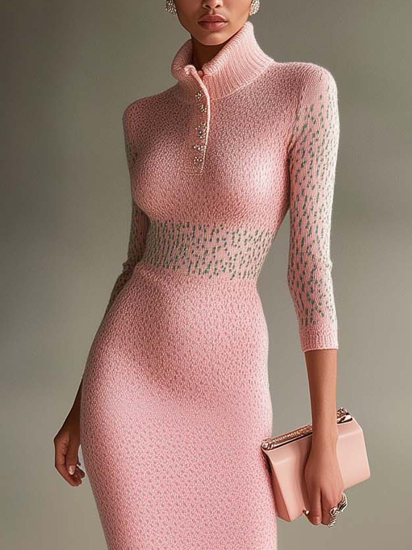 Turtleneck Pink Knitted Bodycon Dress With Light Green Polka Dots
