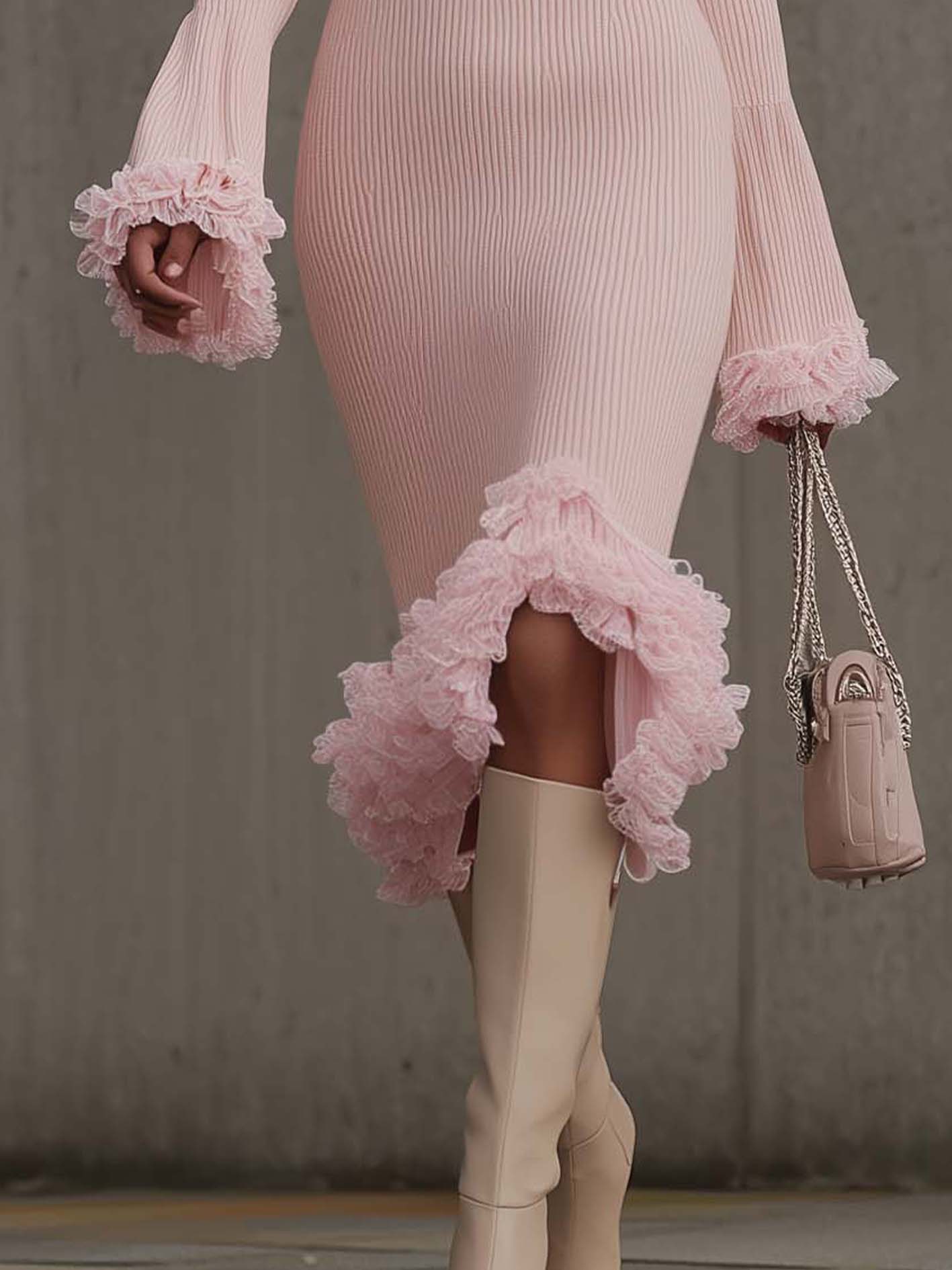 Pink Ruffle Trim Knit Bodycon Dress