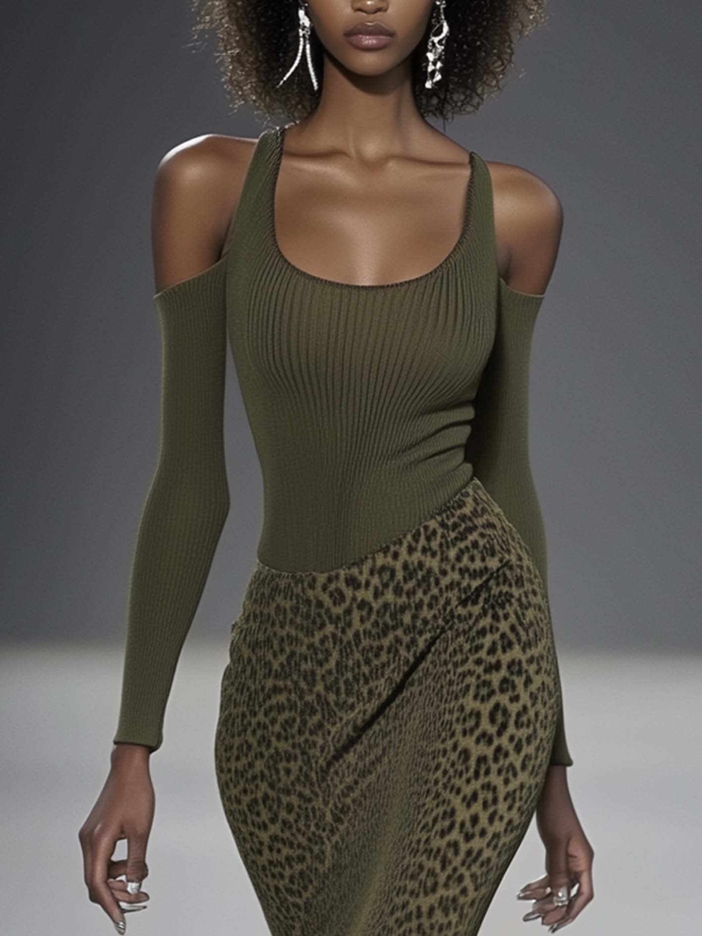 Cold Shoulder Olive Green Knitted Midi Bodycon Dress With Leopard Print