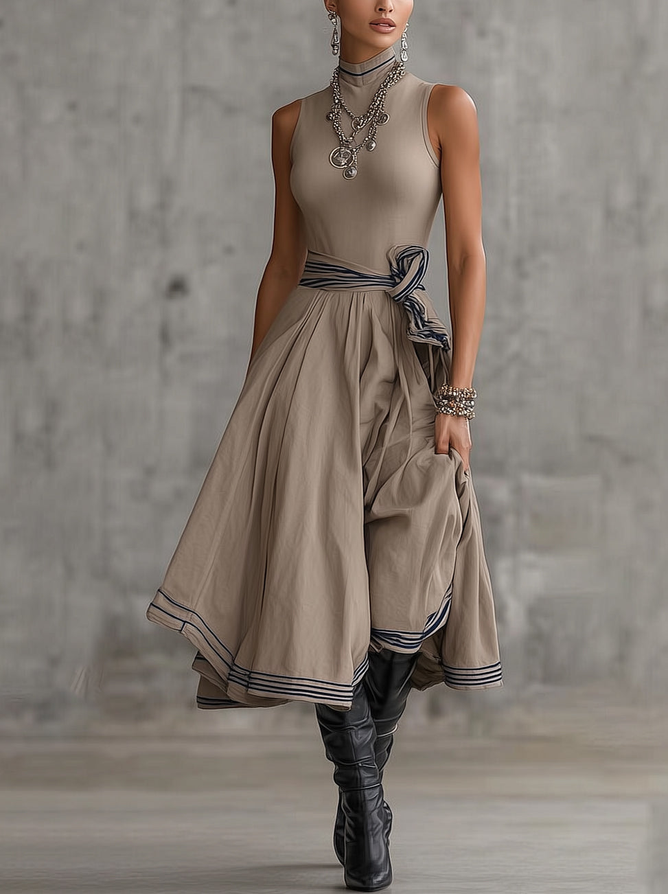 Brown Sleeveless Turtleneck Belted Flowy Midi Dress