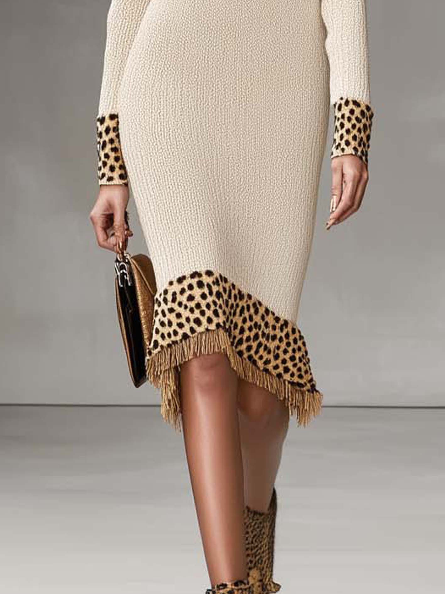 Off-white Knitted Midi Bodycon Dress With Leopard Print And Hollow Neckline