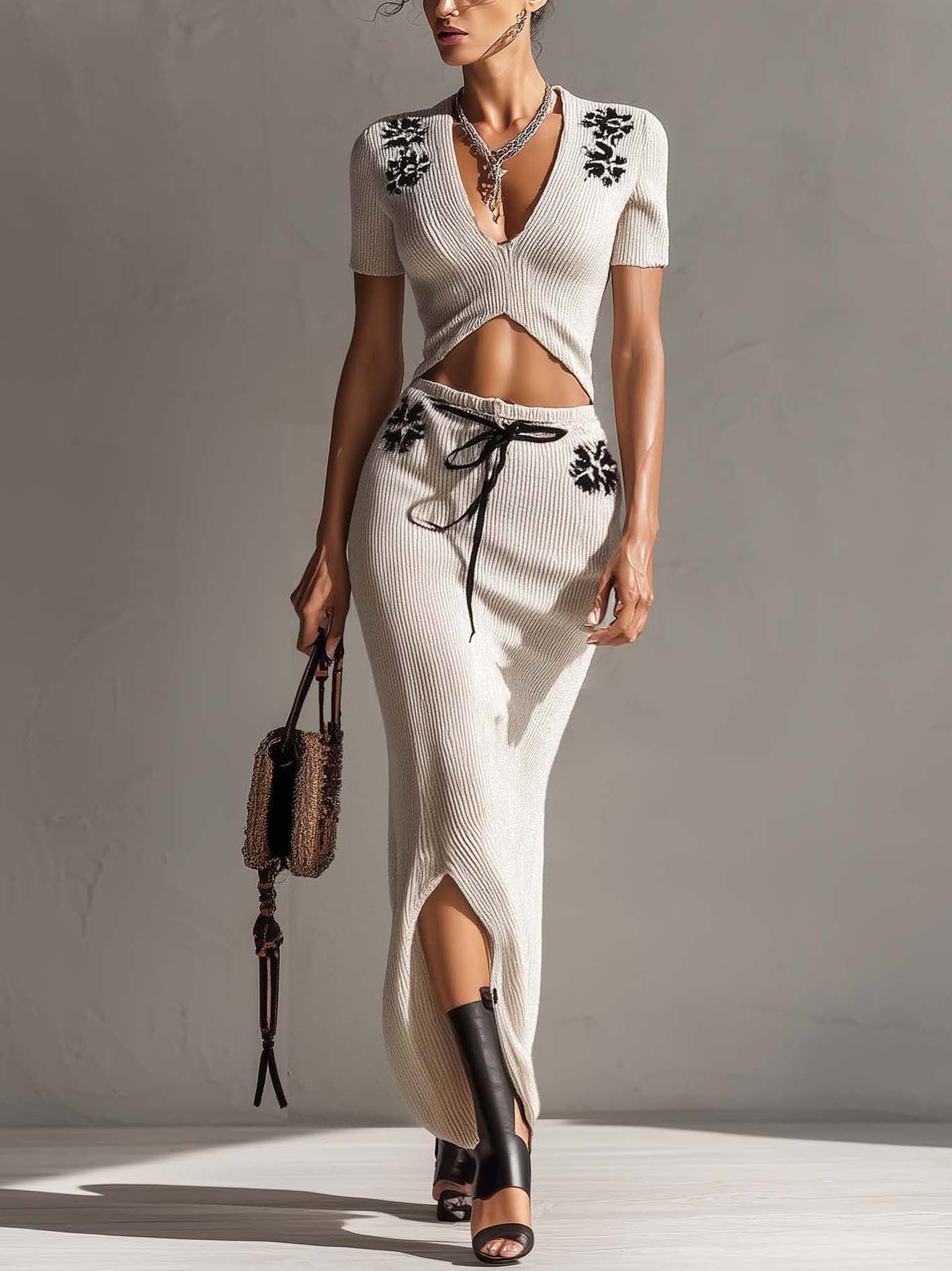White Knit Black Floral Embroidered Two-Piece Set