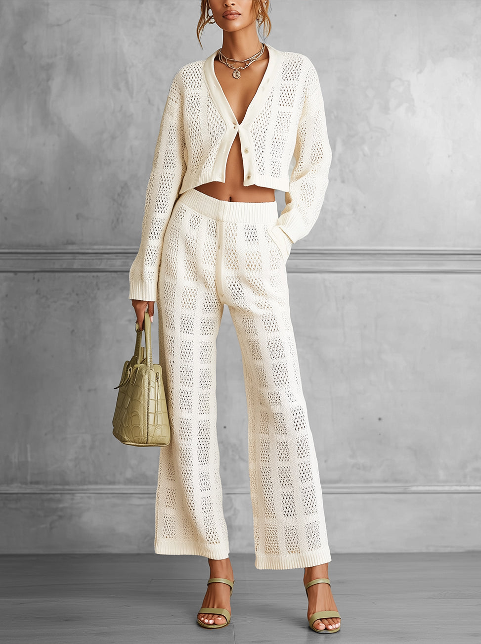 Ivory Open-Knit Two-Piece Cardigan And Wide-Leg Pants Set
