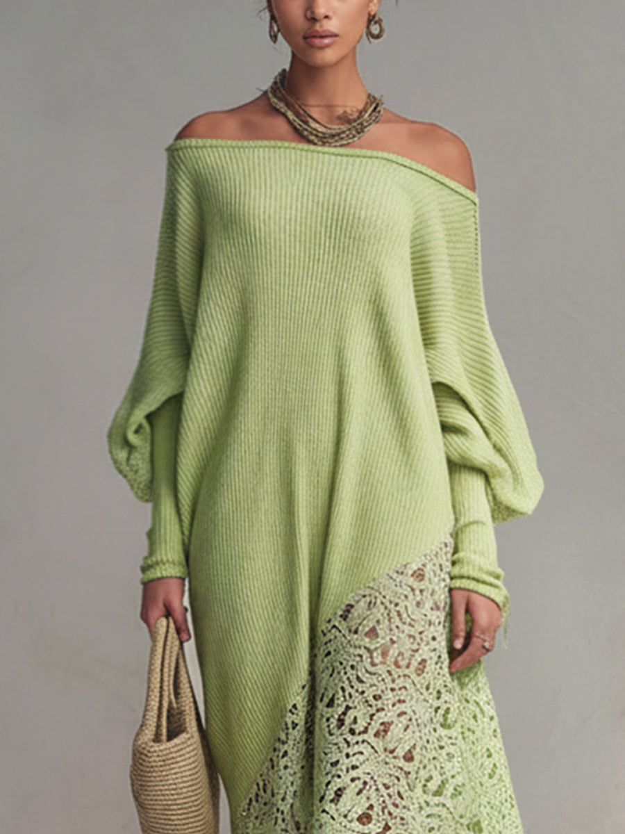 Green Off Shoulder Knitted Lace Long Sleeve Maxi Dress