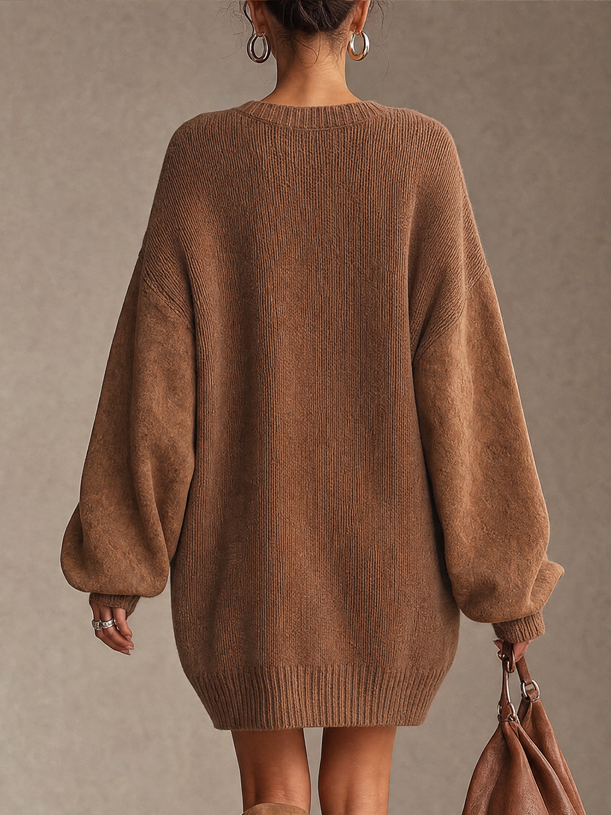 Brown V‑Neck Mixed‑Fabric Oversized Knit Mini Dress