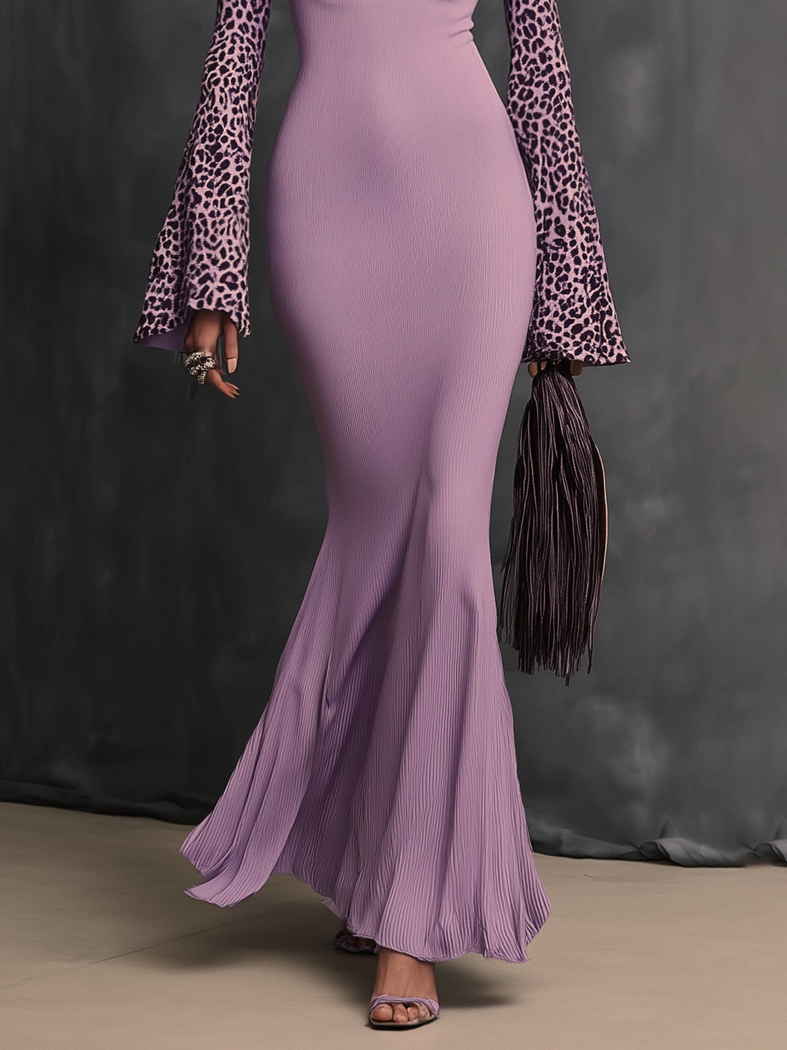Lilac Leopard Sleeve Cutout Knit Long Sleeve Maxi Dress