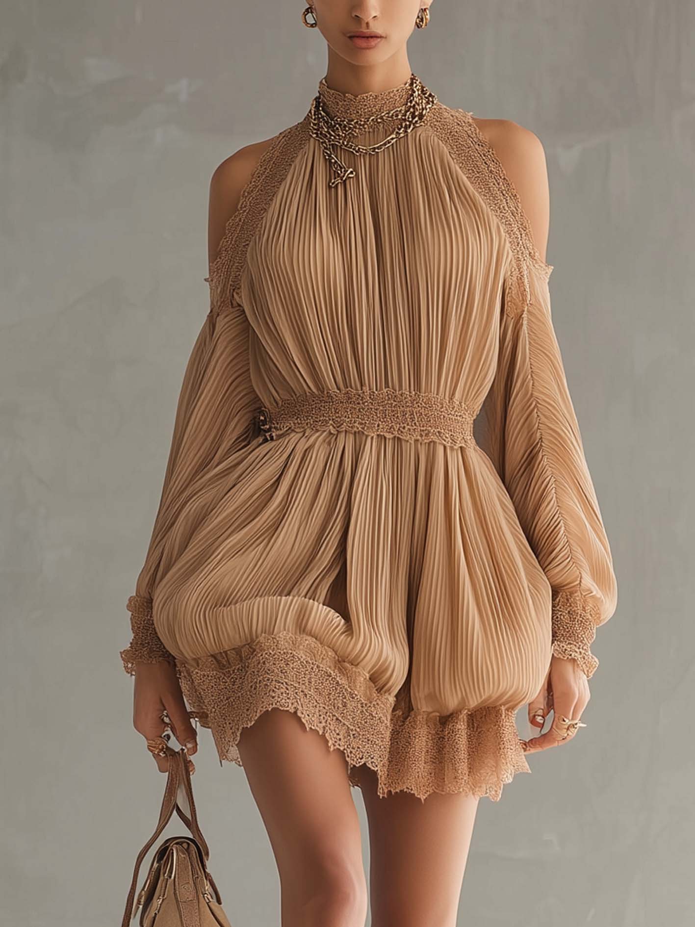 Camel Pleated Chiffon Cold Shoulder Mini Dress With Lace Trim