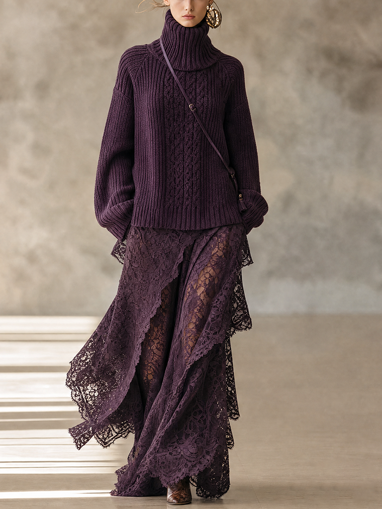 Deep Plum Asymmetric Layered Lace Maxi Skirt