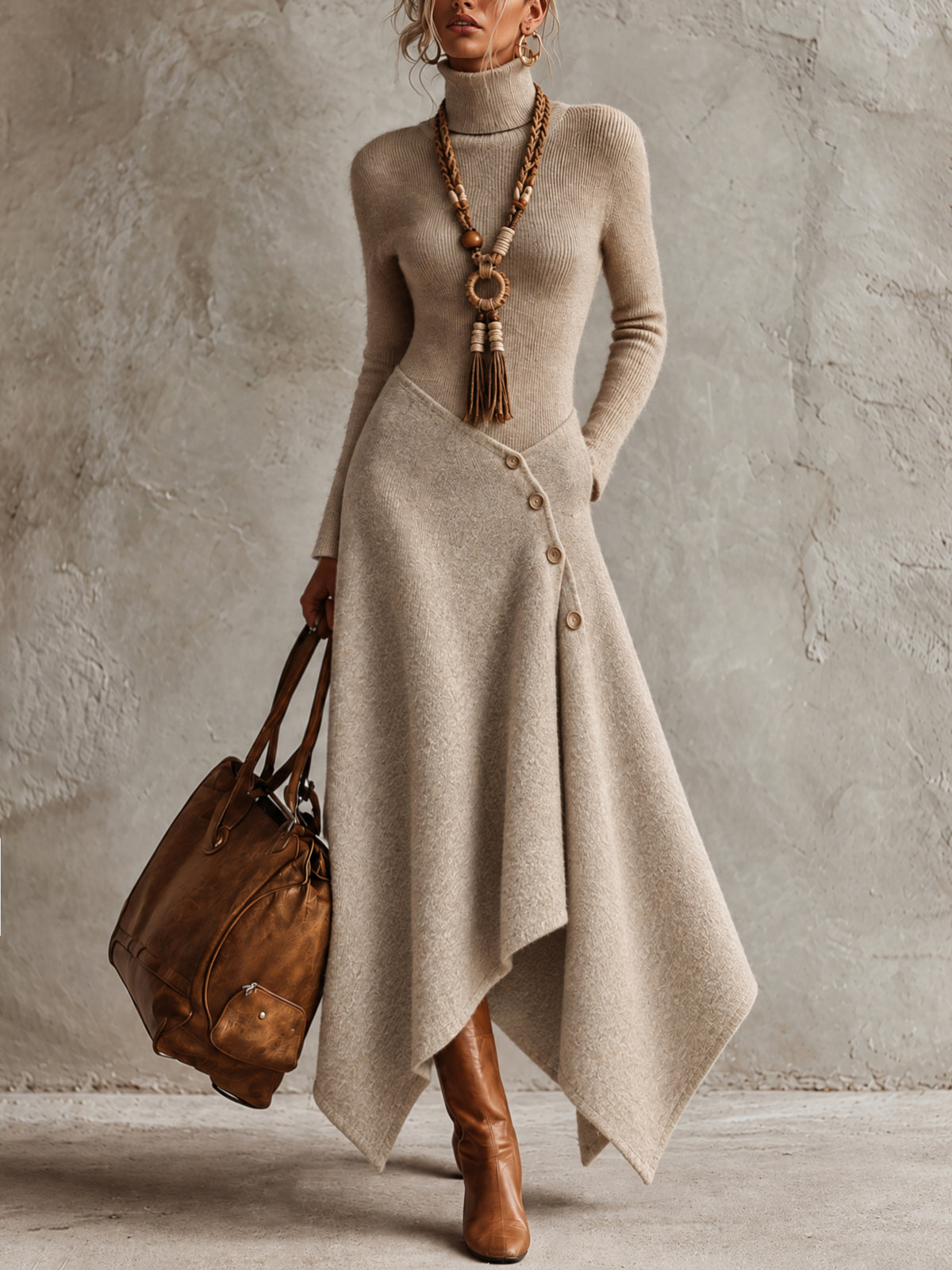 Oatmeal Knit Turtleneck Asymmetric Button Detail Hem Maxi Dress