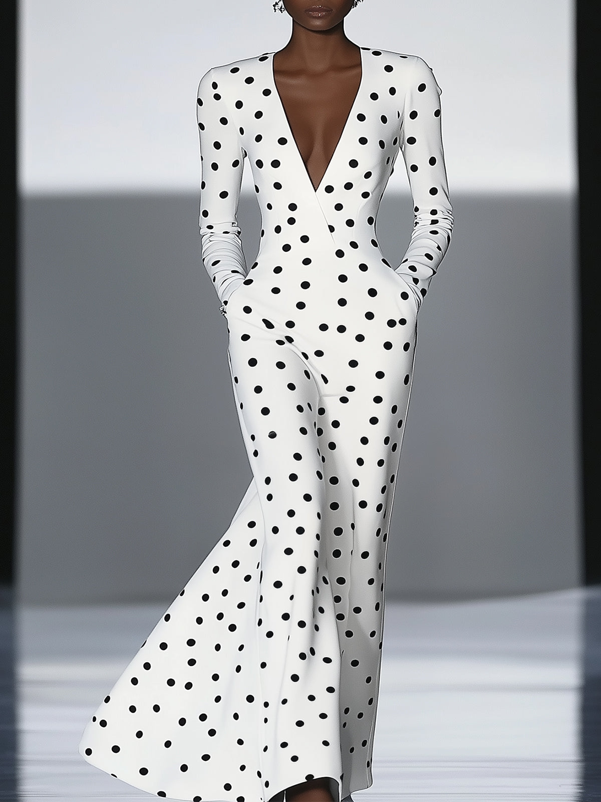 White Long Dress With Polka Dot Print And Pockets