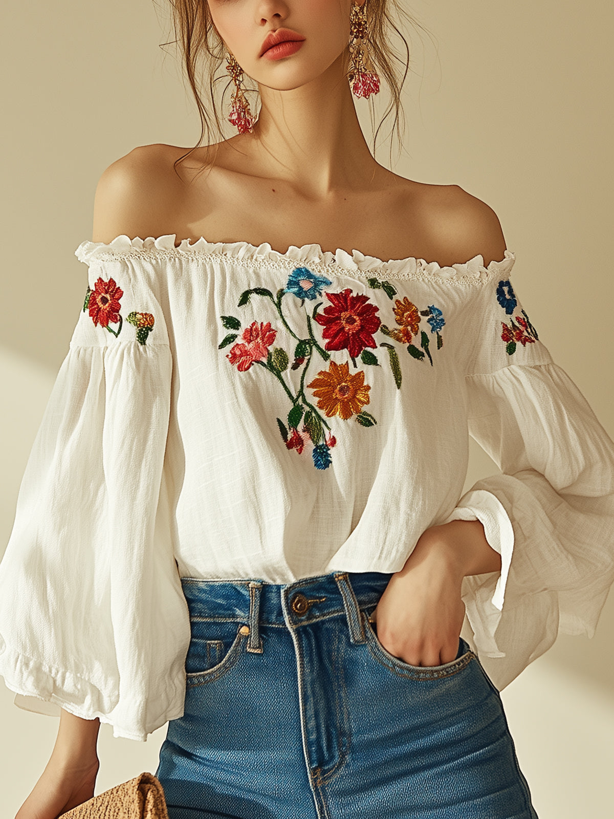 Off Shoulder Bell Sleeve Floral Embroidered Linen Shirt