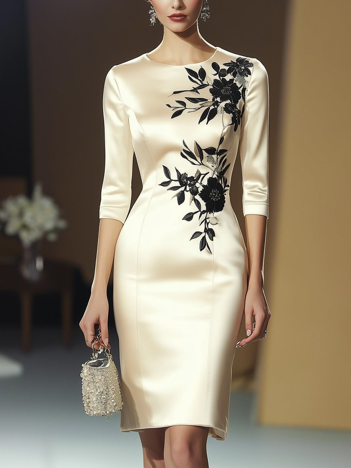 Beige Satin Bodycon Dress With Black Floral Embroidery