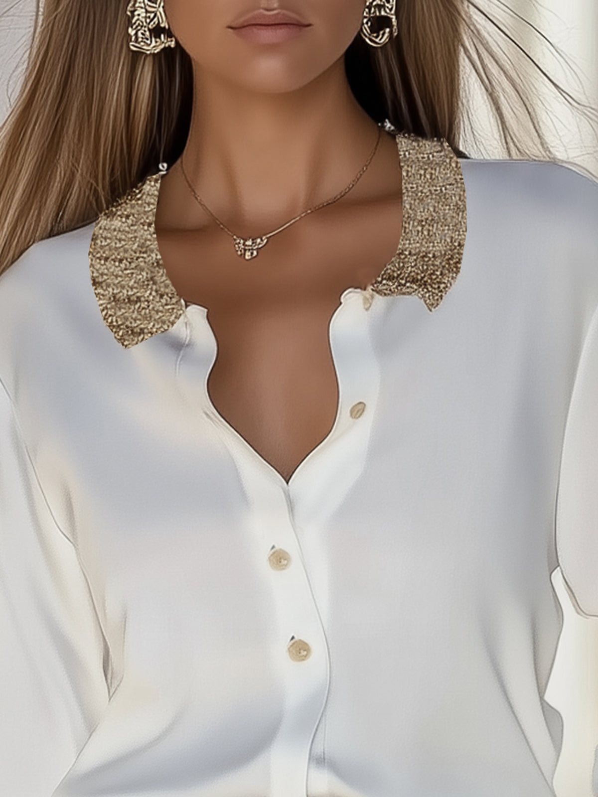 White Chiffon Shirt With Gold Collar And Cuffs