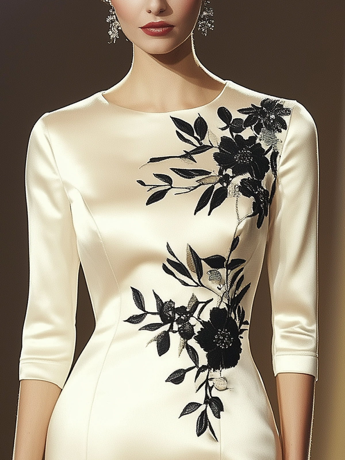 Beige Satin Bodycon Dress With Black Floral Embroidery