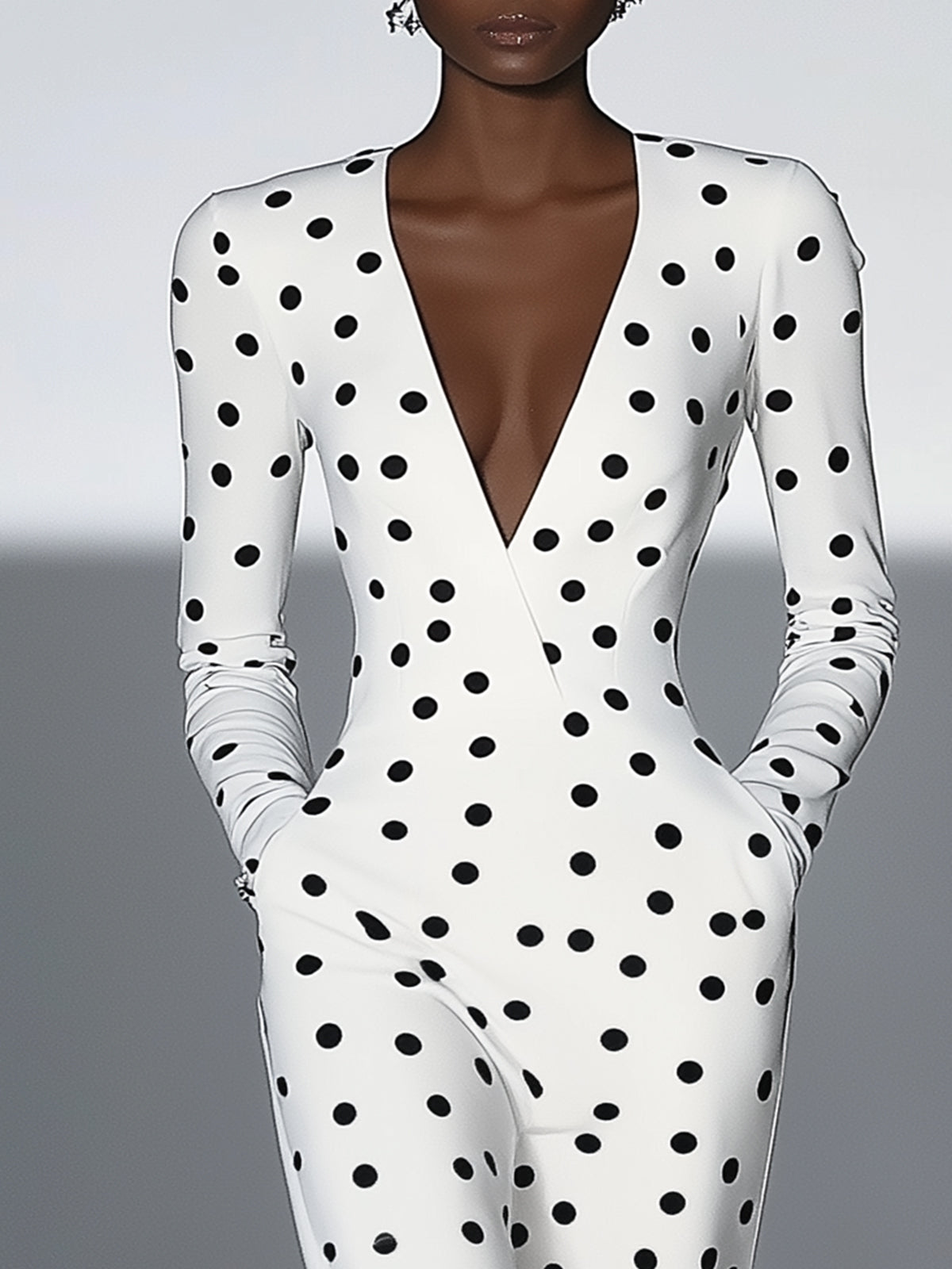 White Long Dress With Polka Dot Print And Pockets