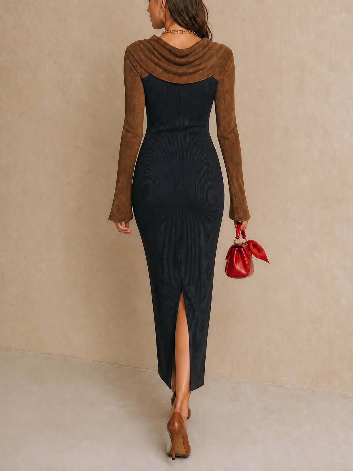 Navy Brown Color Block Cowl Neck Flare Sleeve Midi Dress