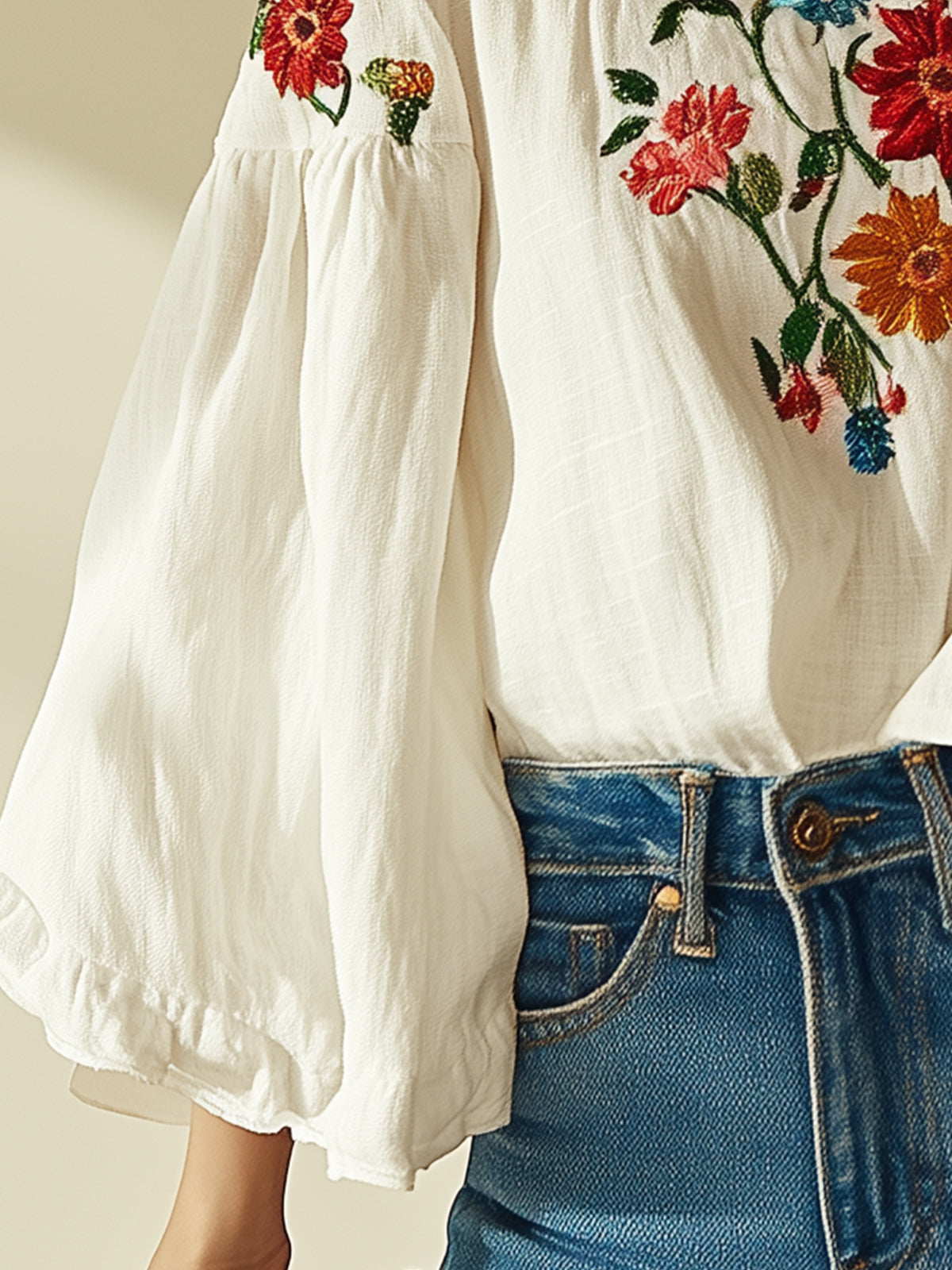 Off Shoulder Bell Sleeve Floral Embroidered Linen Shirt