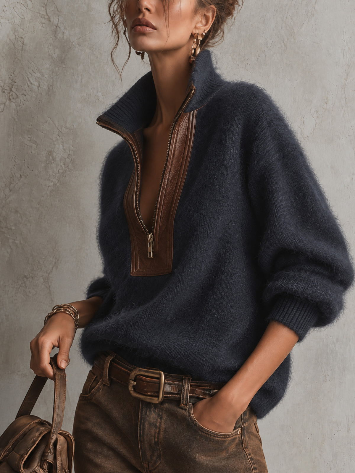Blue Oversized Mohair Pu Leather Trim Half Zip Sweater