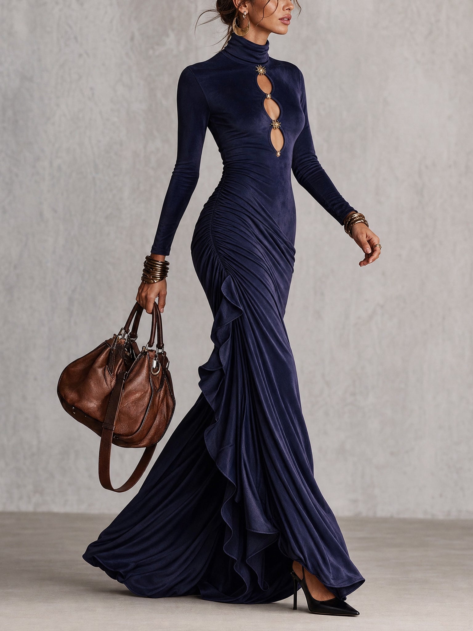 Navy Velvet Cutout Long Sleeve Maxi Dress