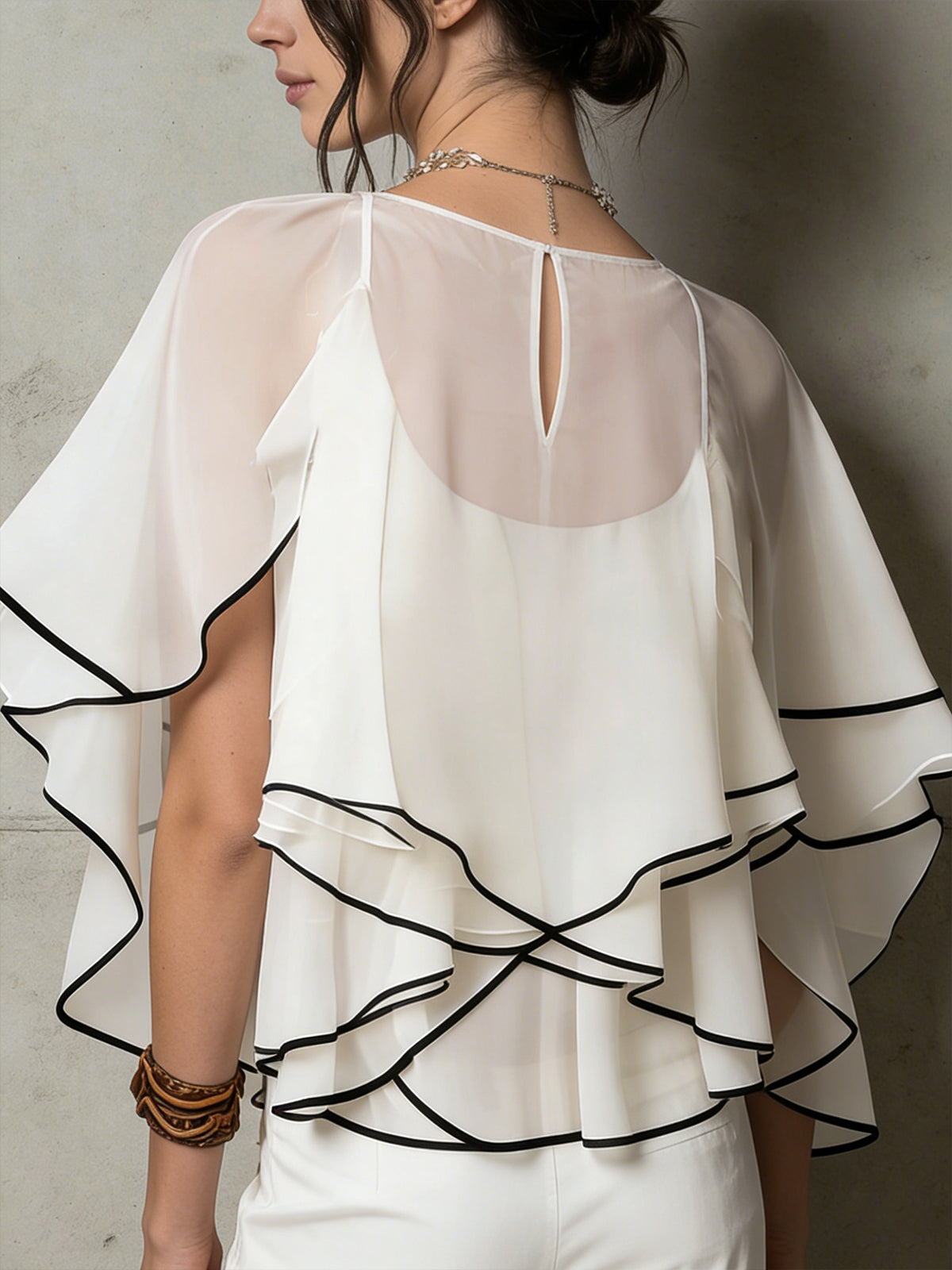White Layered Ruffle Sheer Chiffon Cape Blouse
