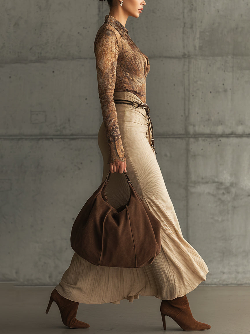 Light Brown Printed Top And Skirt Set With Bohemian Belt