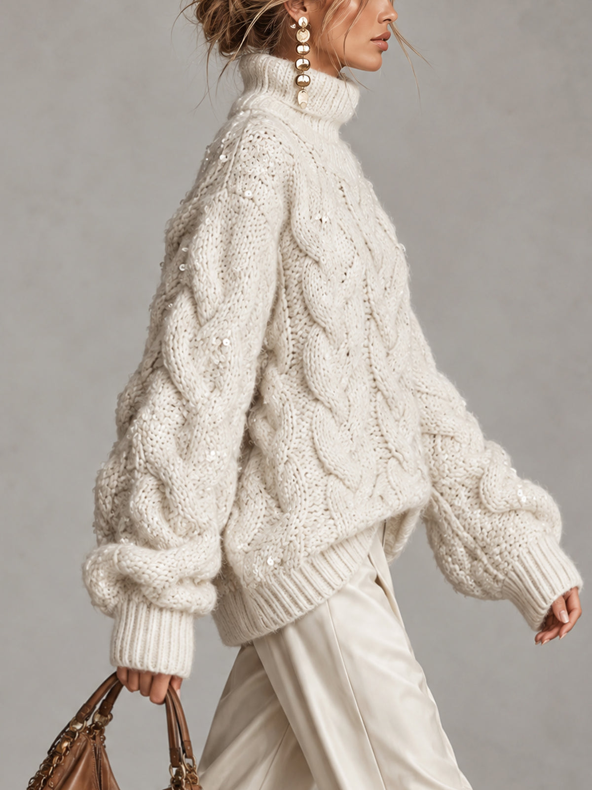 Cream Sequin Cable Knit Oversized Turtleneck Sweater