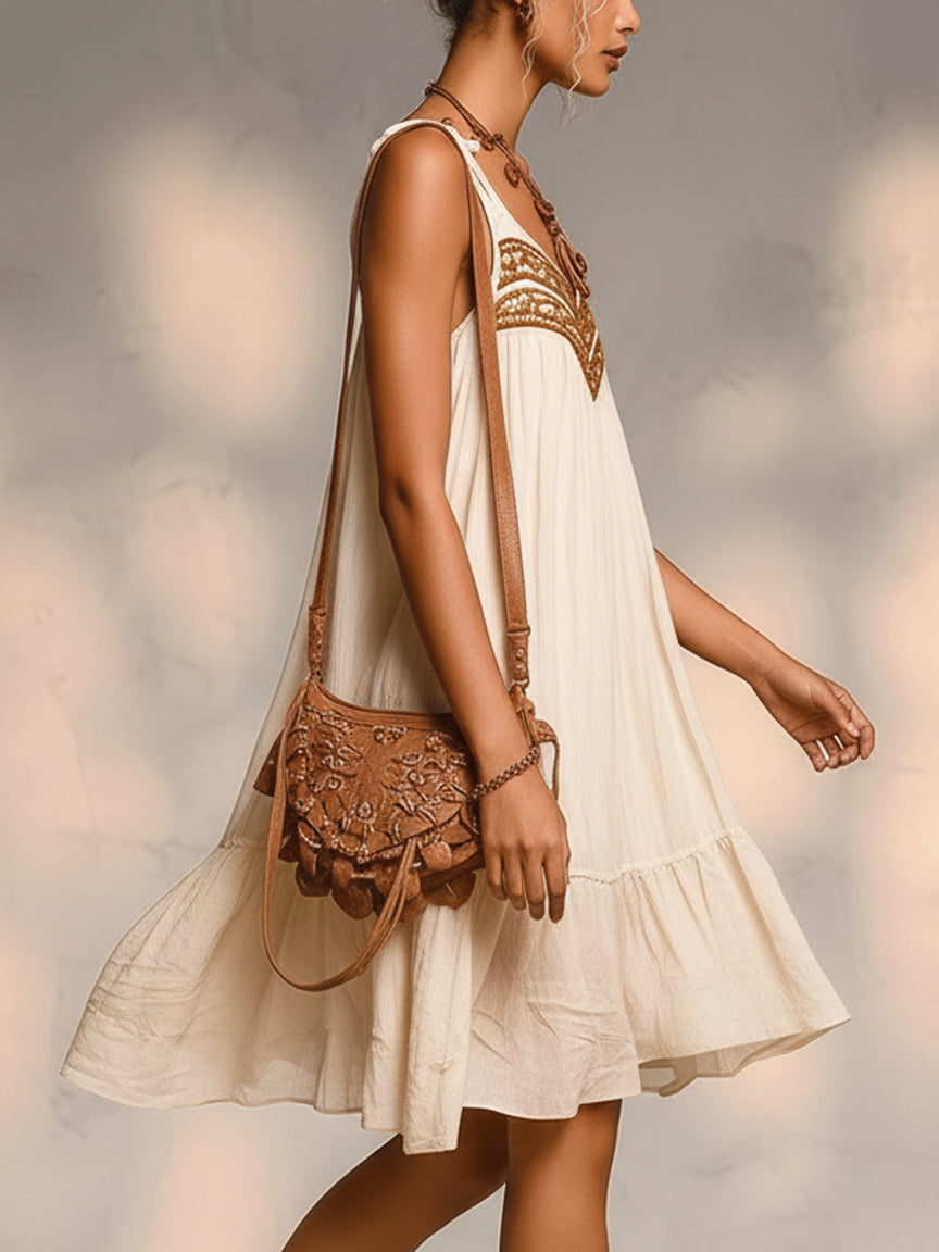 Beige Embroidered Linen Mini Dress