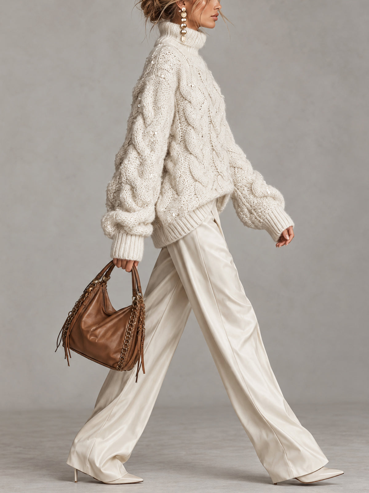 Cream Sequin Cable Knit Oversized Turtleneck Sweater