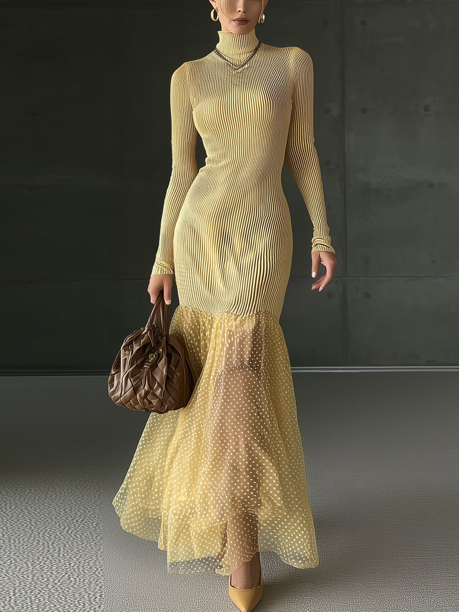 Yellow Knitted Patchwork Chiffon Polka Dot Maxi Dress