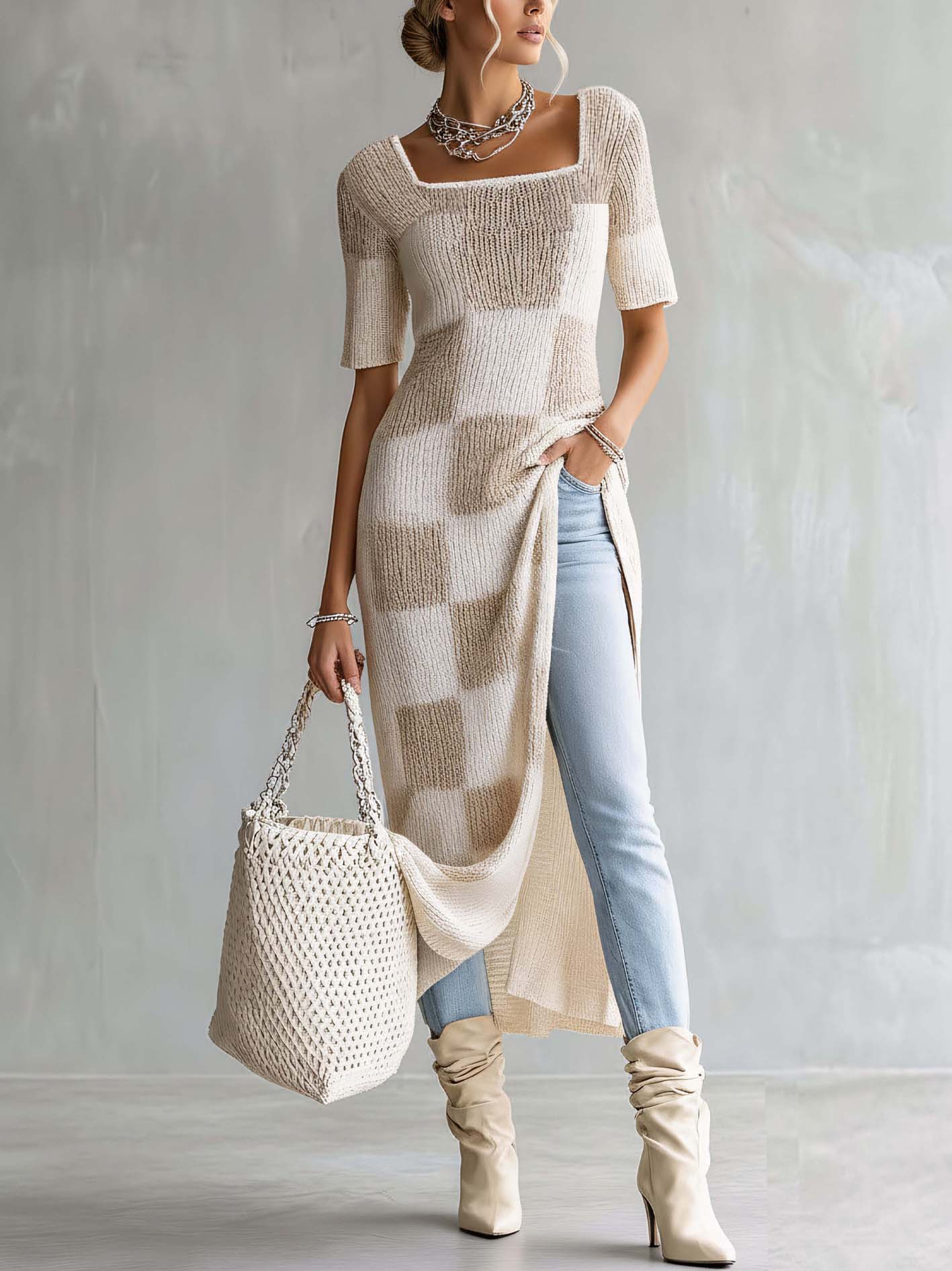 White Plaid Soft Textured  Knit Maxi Dress