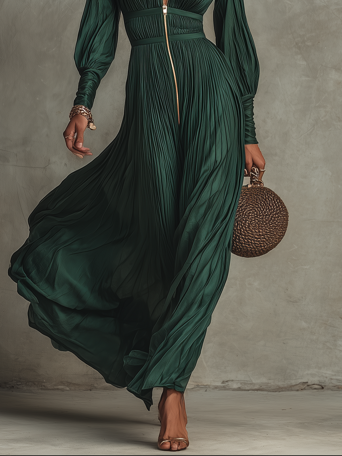 Green Pleated Chiffon Long Sleeve Zip-Front Maxi Dress