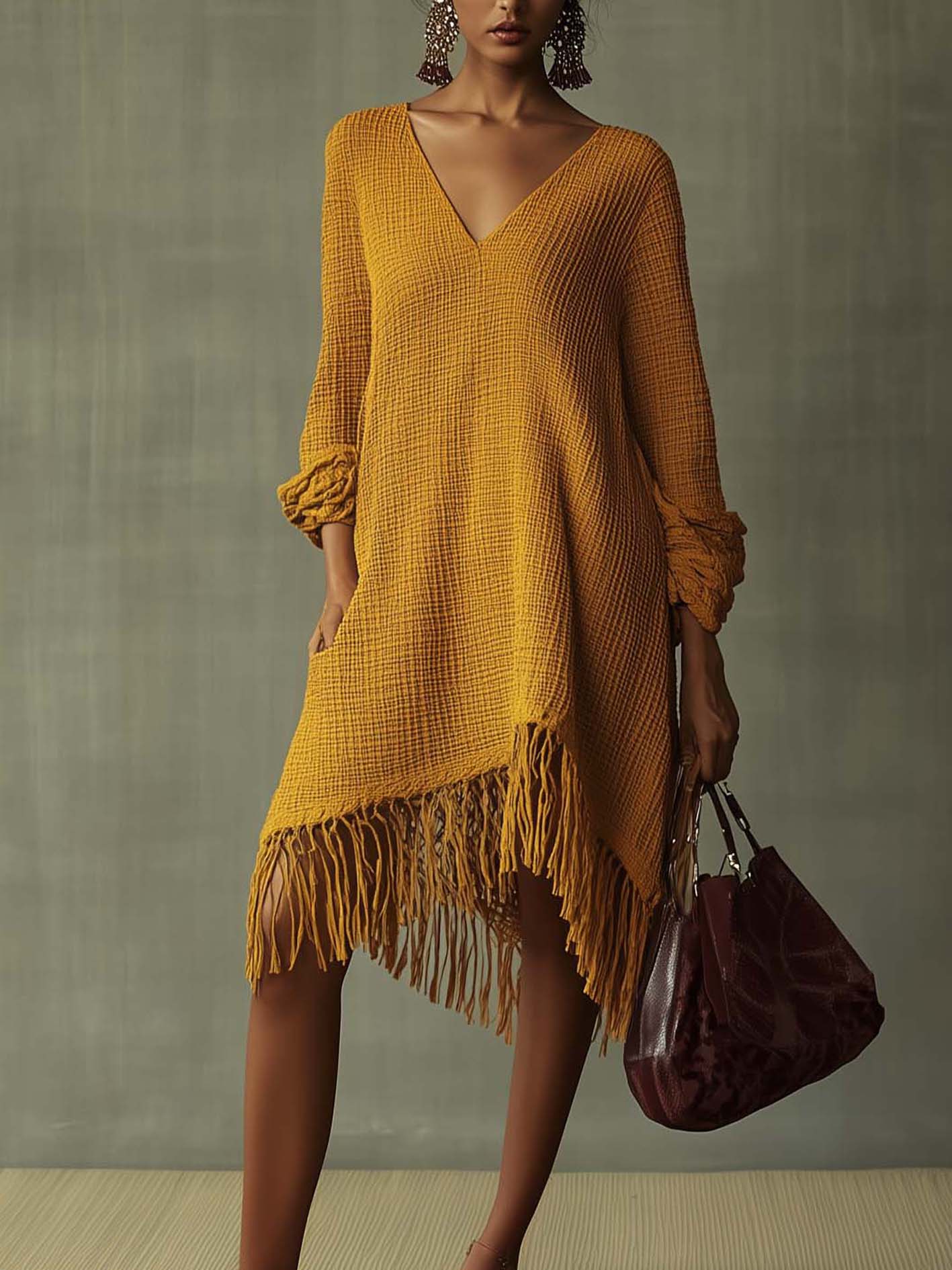 Yellow Waffle Texture Midi Dress With Tassels