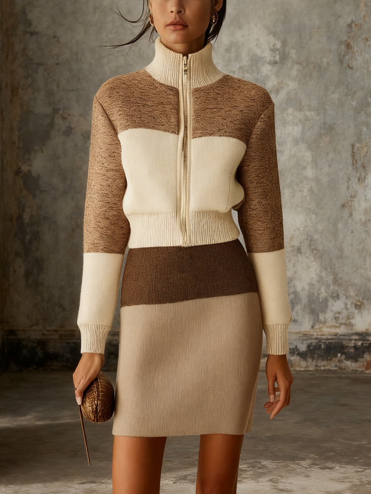 Color-Block Knit Sweater And Skirt Set