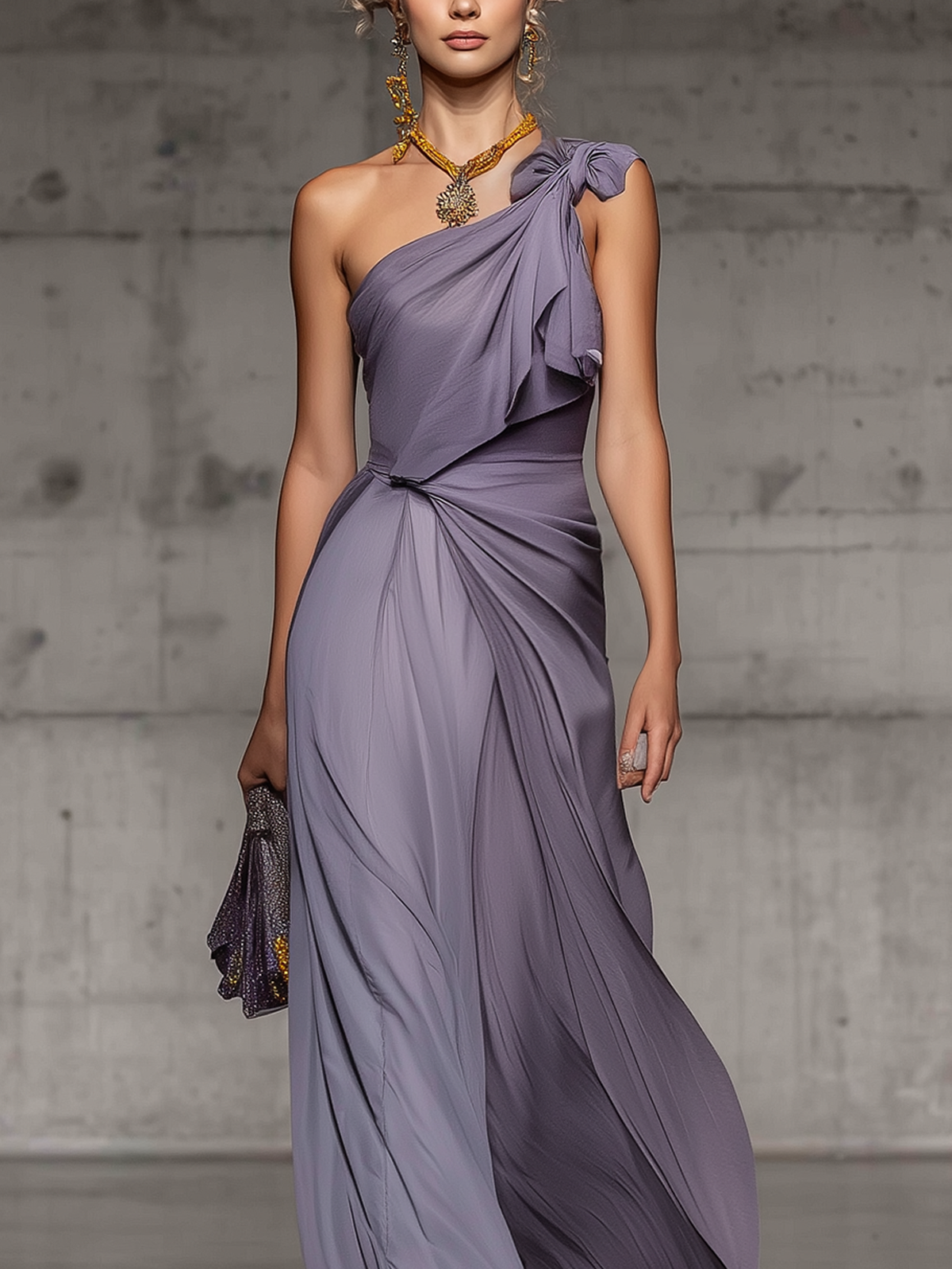 Lilac One-Shoulder Draped Chiffon Evening Gown