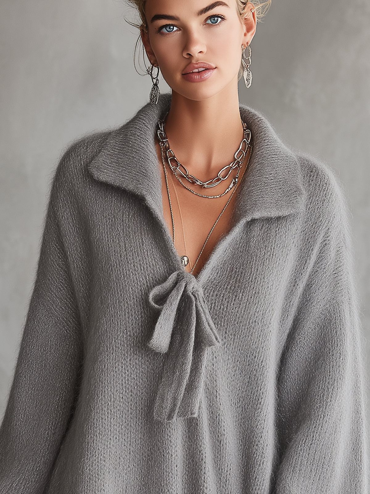 Gray Fuzzy Knit Sweater Dress With Front Tie Collar