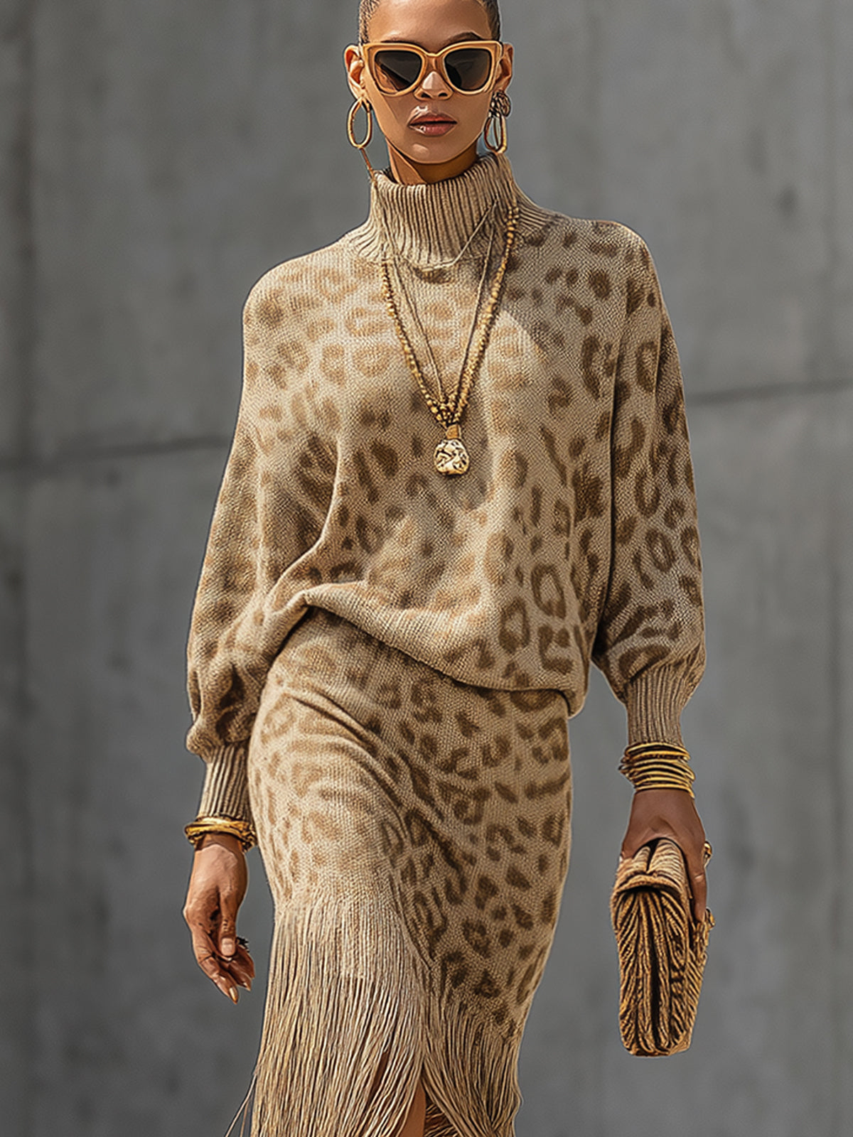 Khaki Leopard Print Knit Turtleneck Fringe  Midi Dress